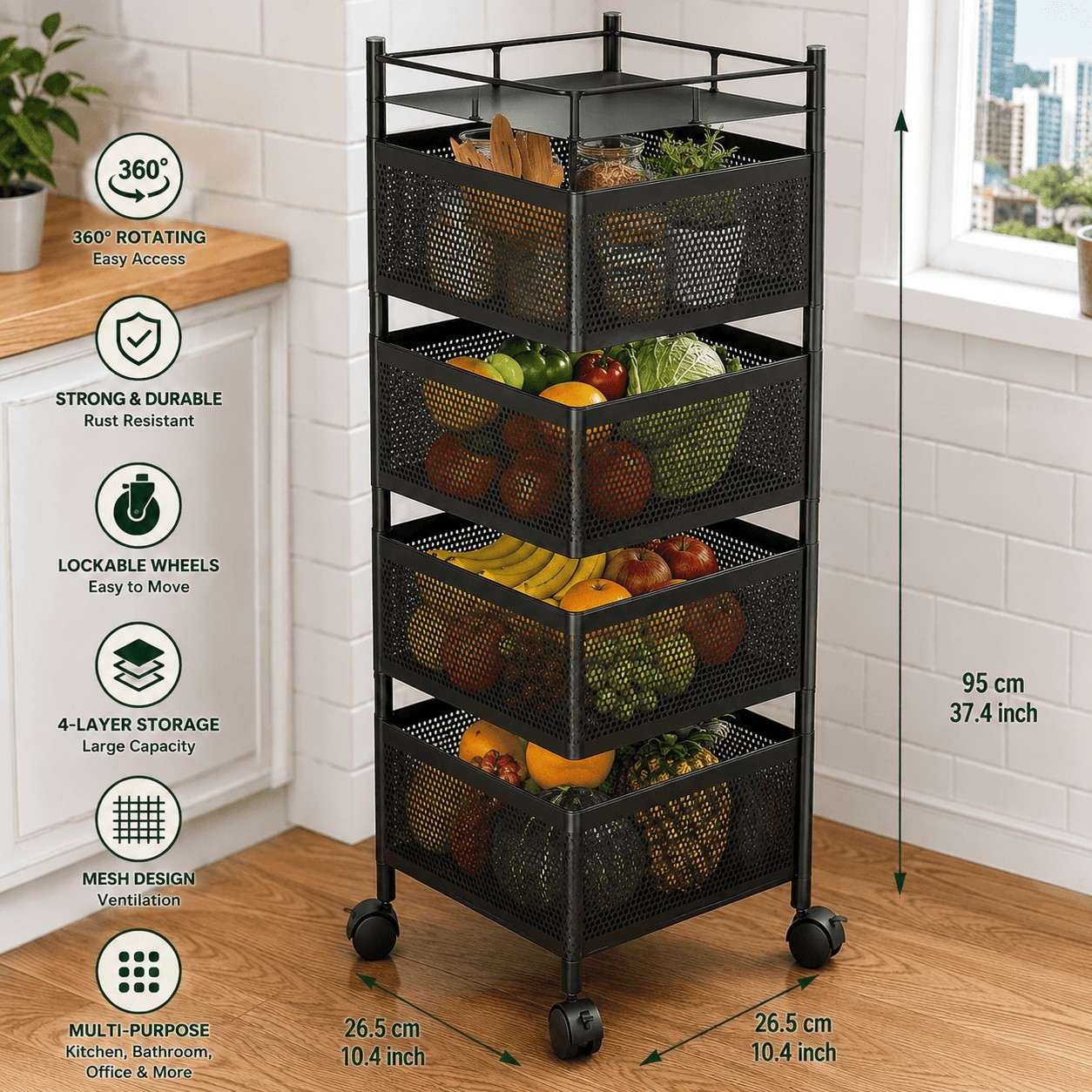4-Layer Rotating Kitchen Rack – Square Shape Fruit & Vegetable Storage Organizer